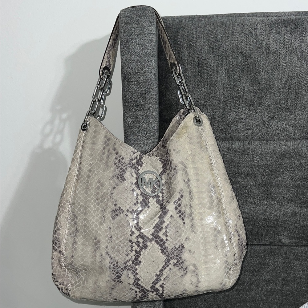 Michael Kors Snake Print Shoulder Bag - Cream and Gray